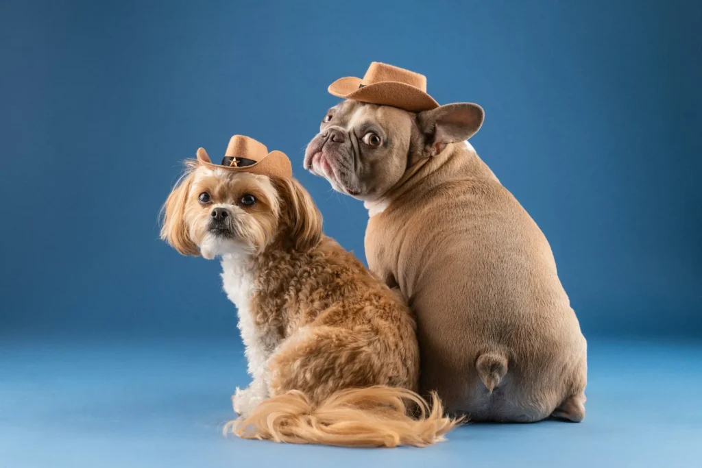 A small fluffy dog and a fawn-colored French Bulldog sit side-by-side wearing matching cowboy hats.
